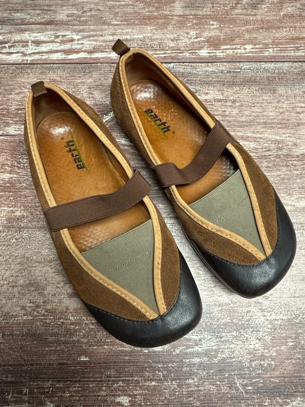 Earth Brown and Olive Mary Jane Comfort Flats Shows Strap Leather Casual Walk 7B